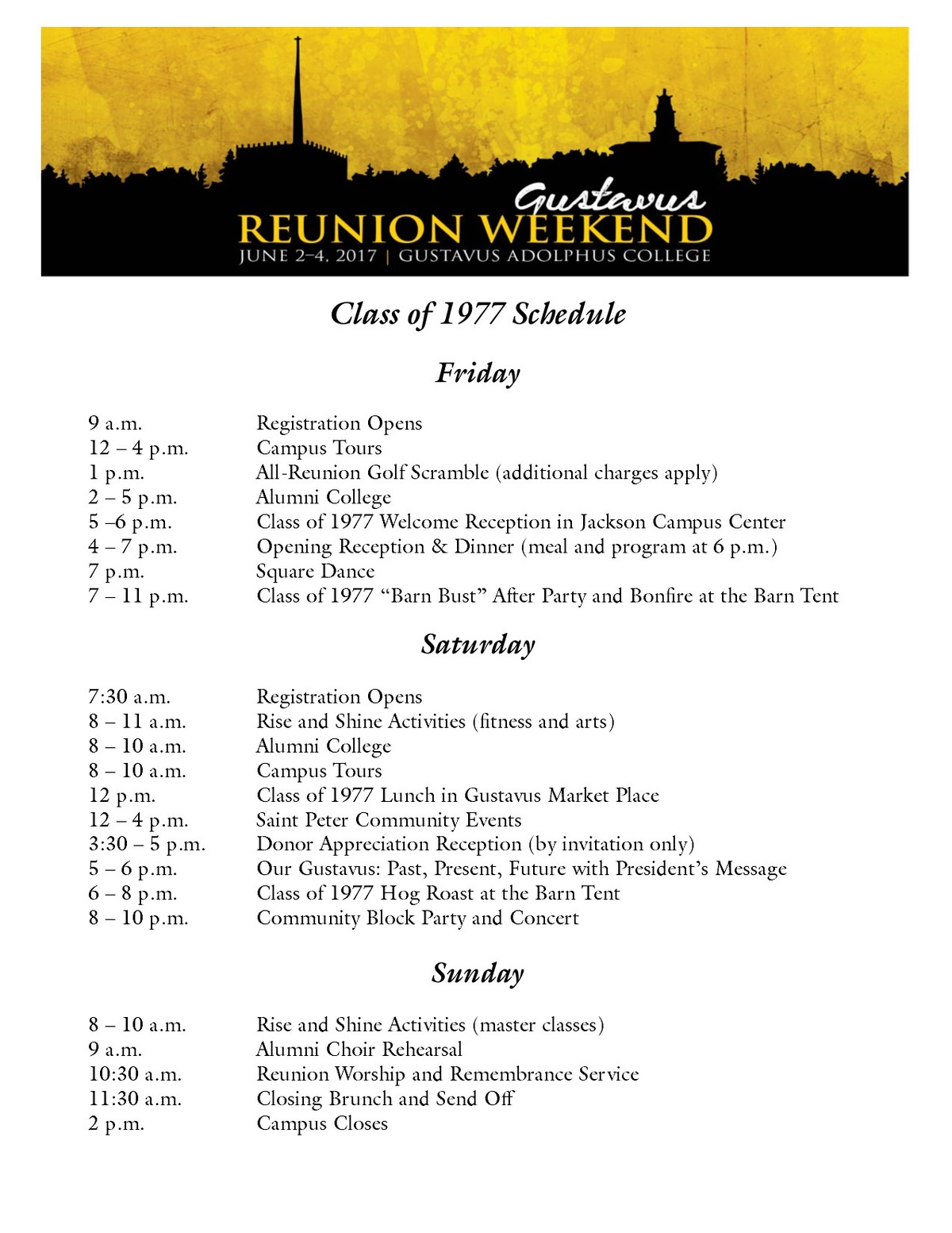 Class of 1977 Reunion Weekend Schedule