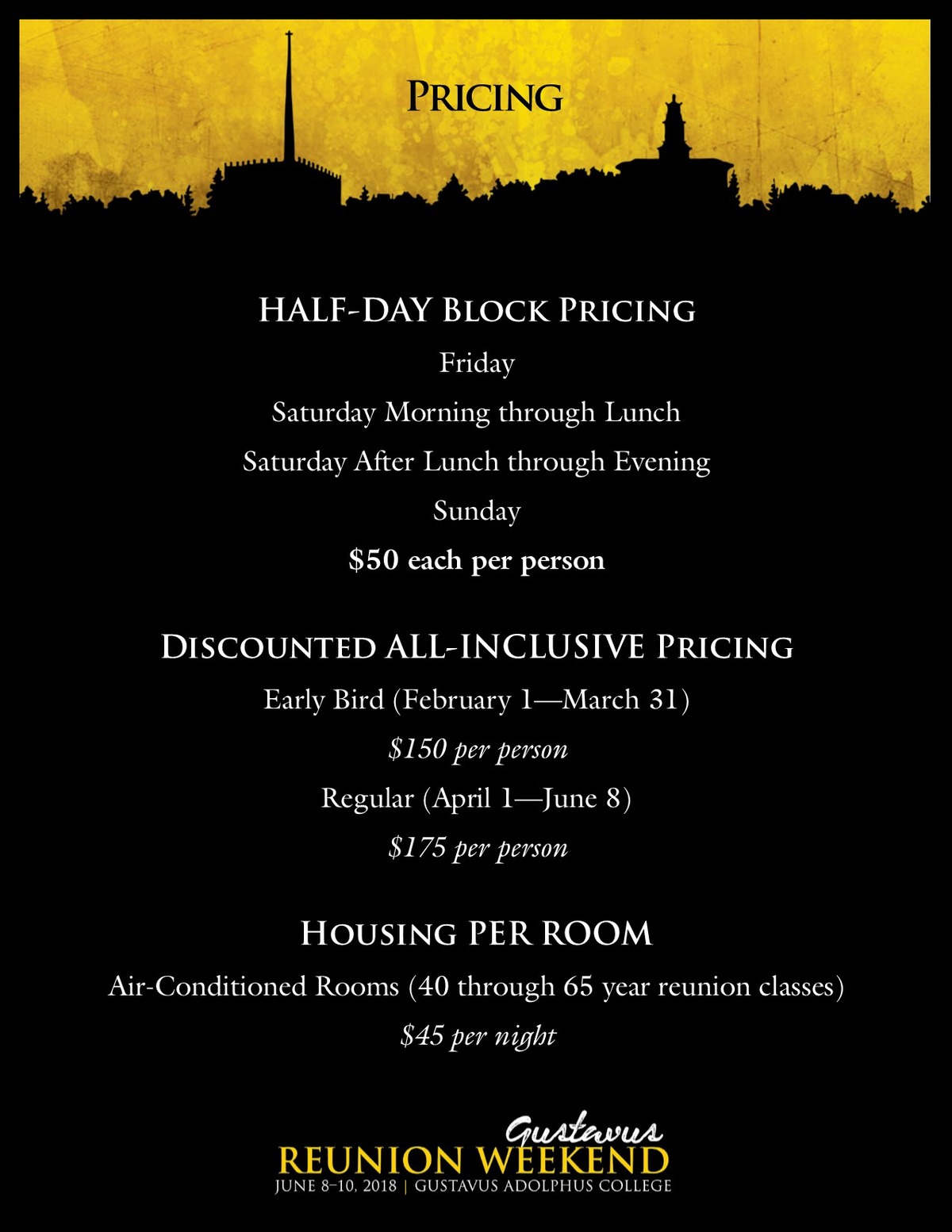 Class specific Reunion Weekend pricing information