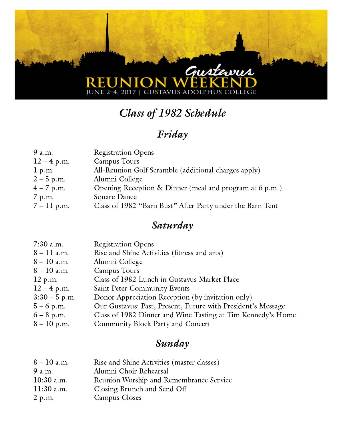 Class of 1982 Reunion Weekend Schedule