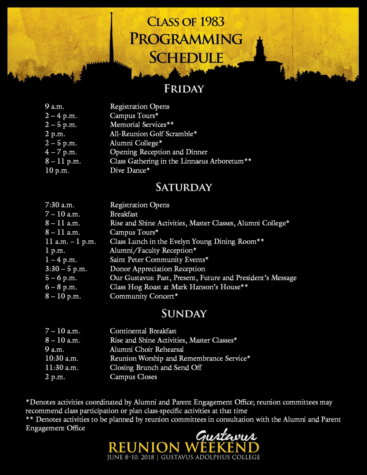 Class specific Reunion Weekend schedule