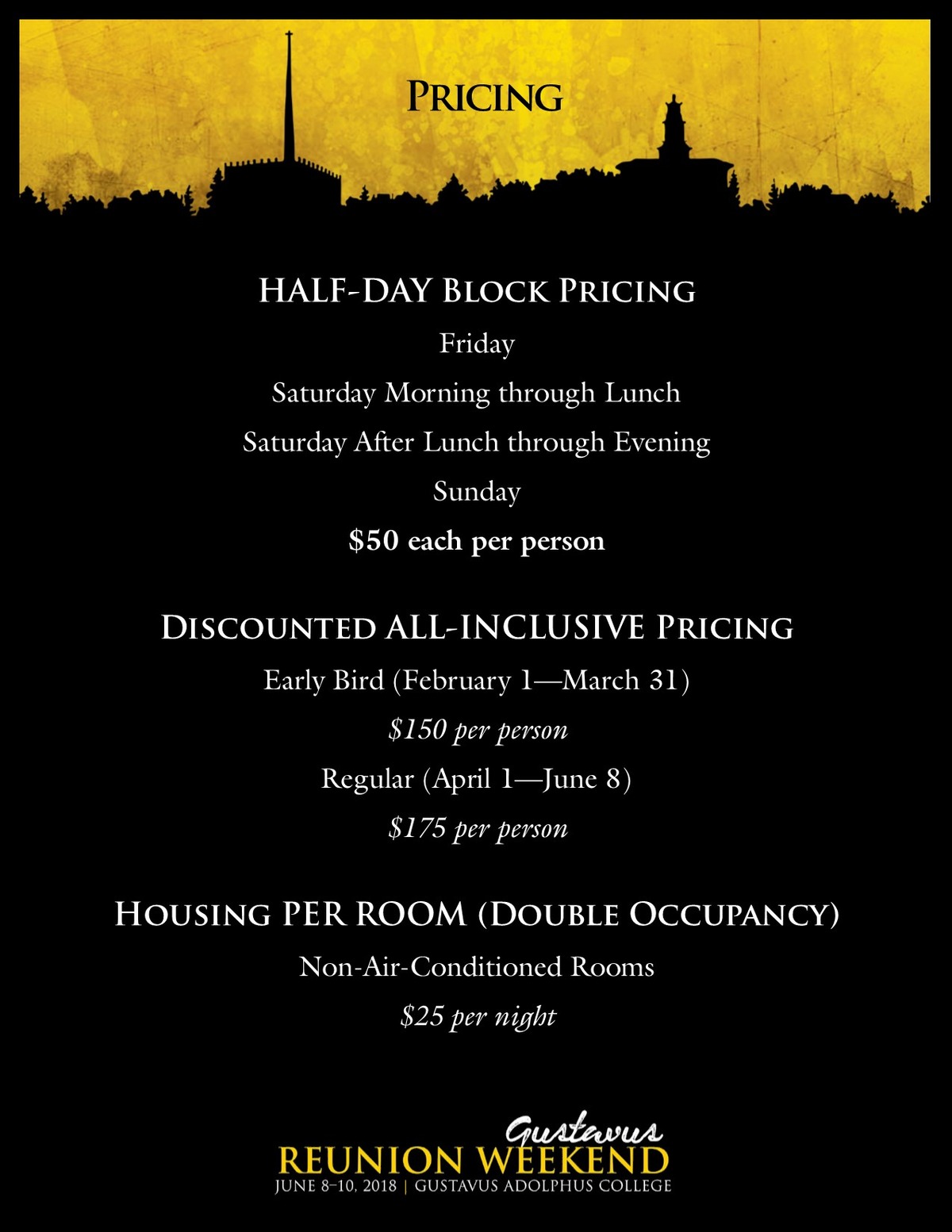 Class specific Reunion Weekend pricing information