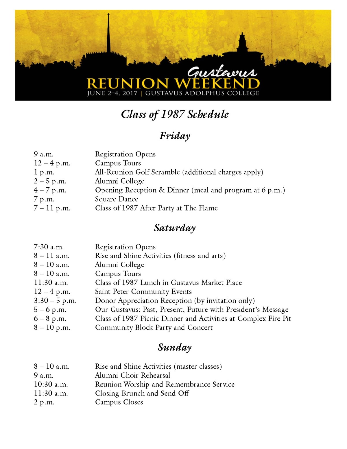 Class of 1987 Reunion Weekend Schedule