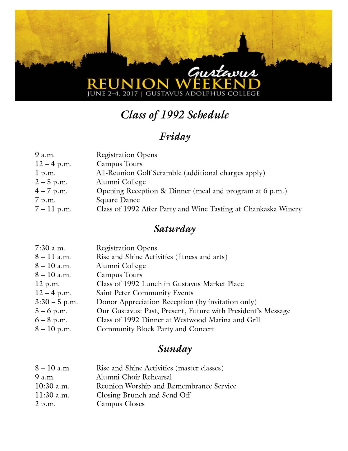 Class of 1992 Reunion Weekend Schedule