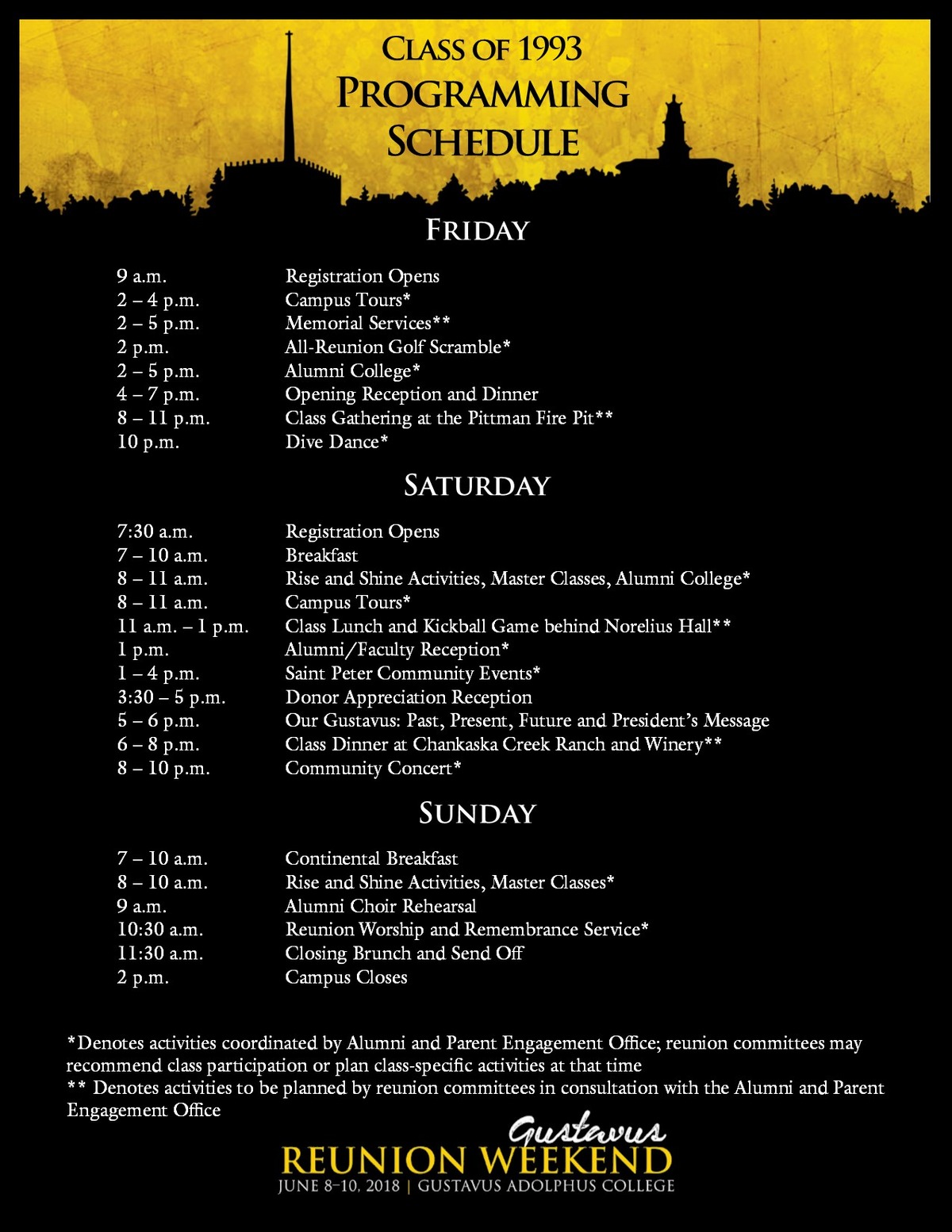 Class specific Reunion Weekend schedule