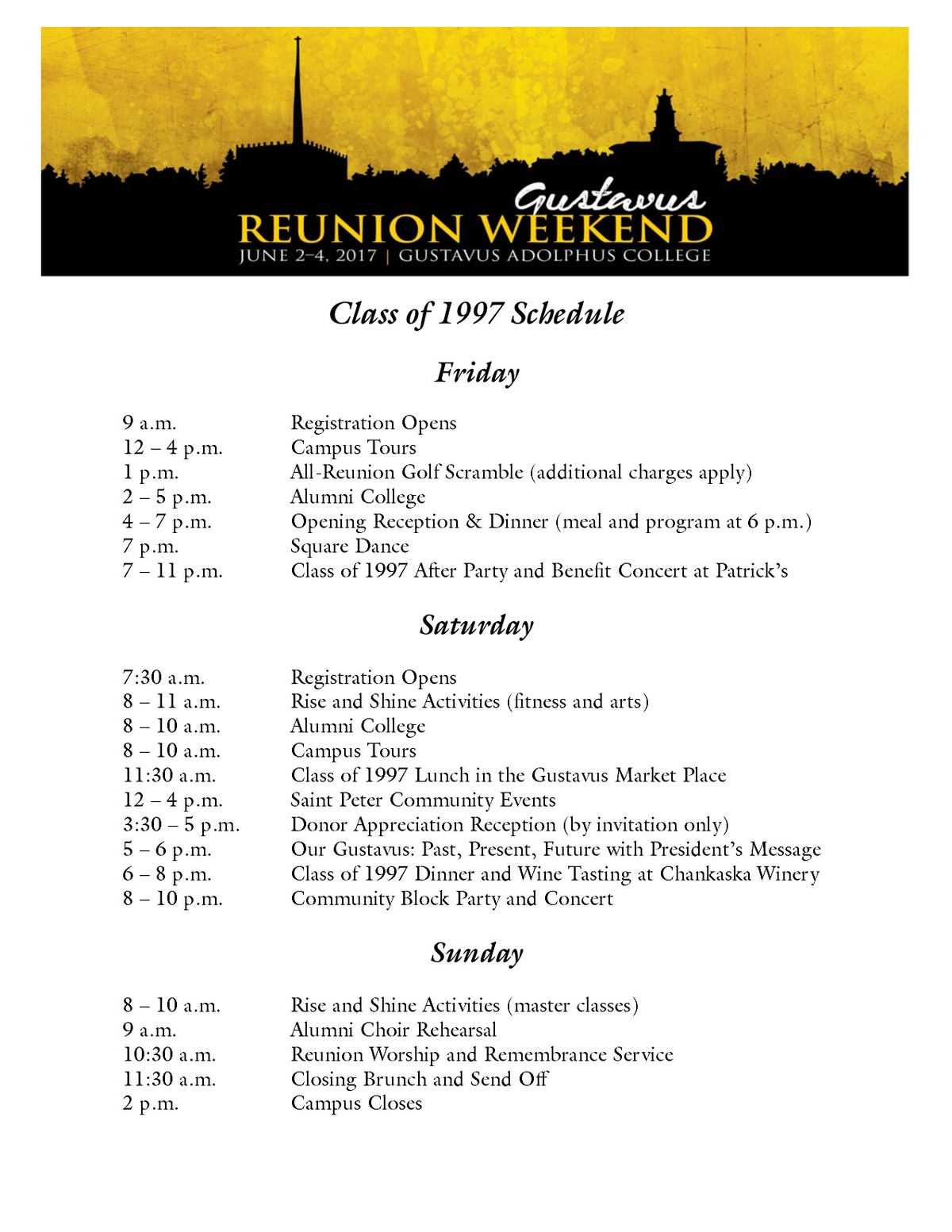 Class of 1997 Reunion Weekend Schedule
