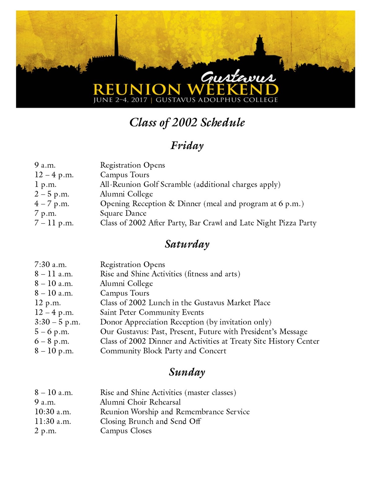 Class of 2002 Reunion Weekend Schedule