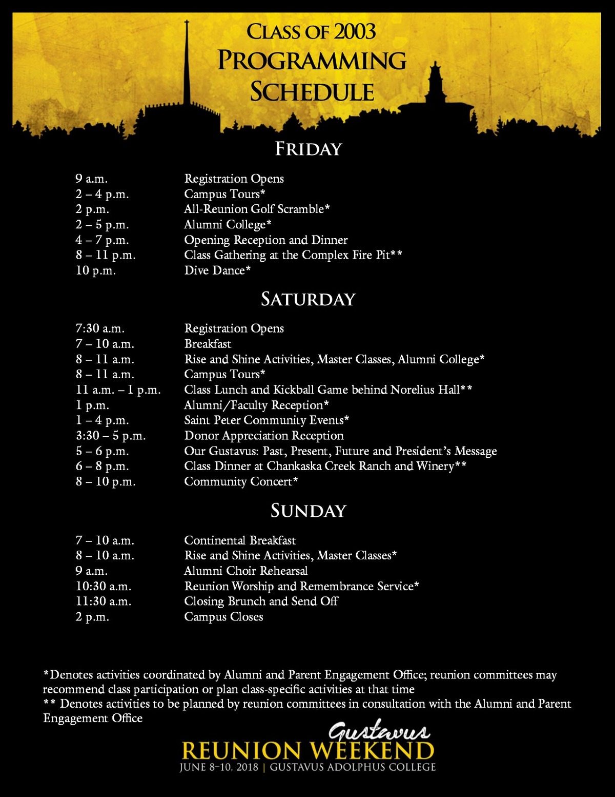 Class specific Reunion Weekend schedule