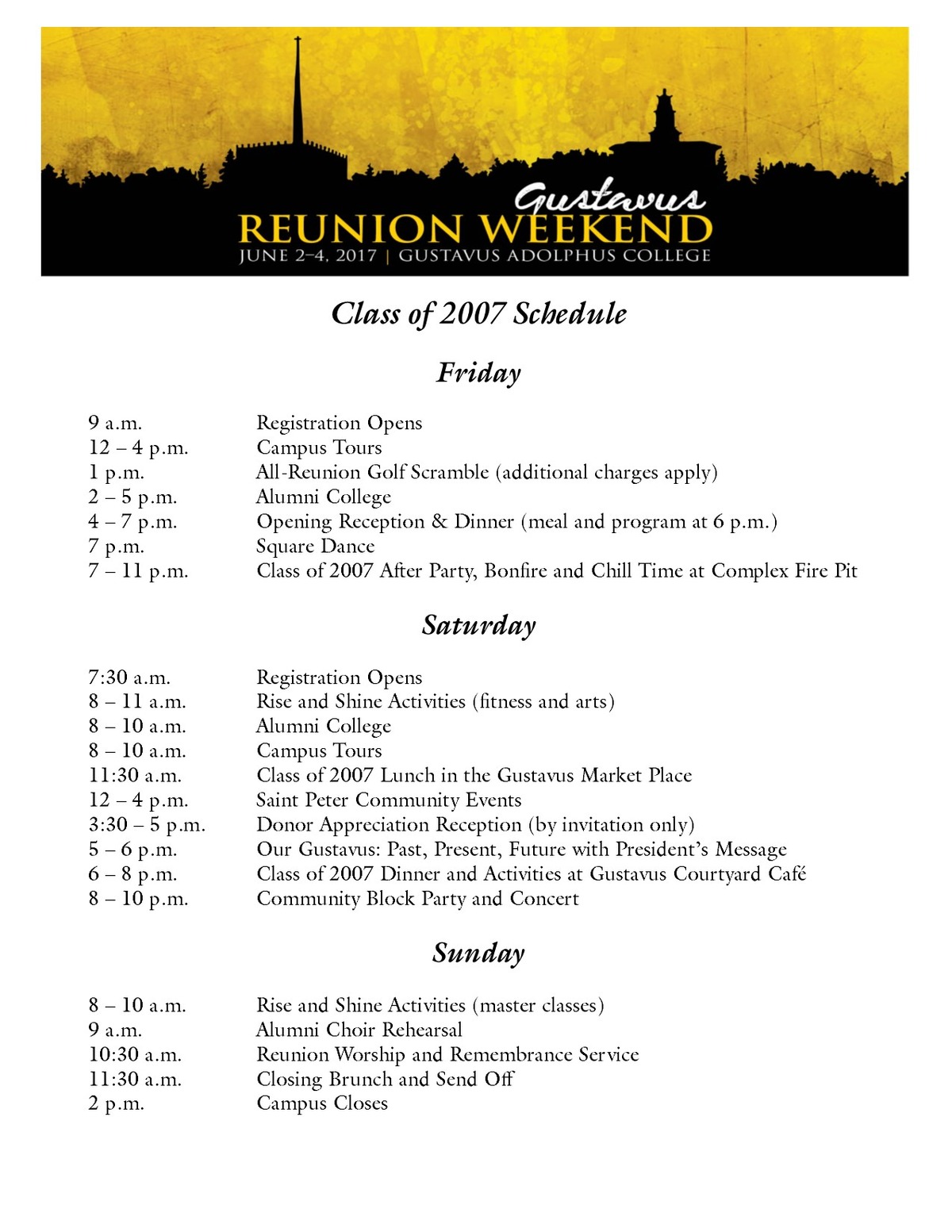 Class of 2007 Reunion Weekend Schedule