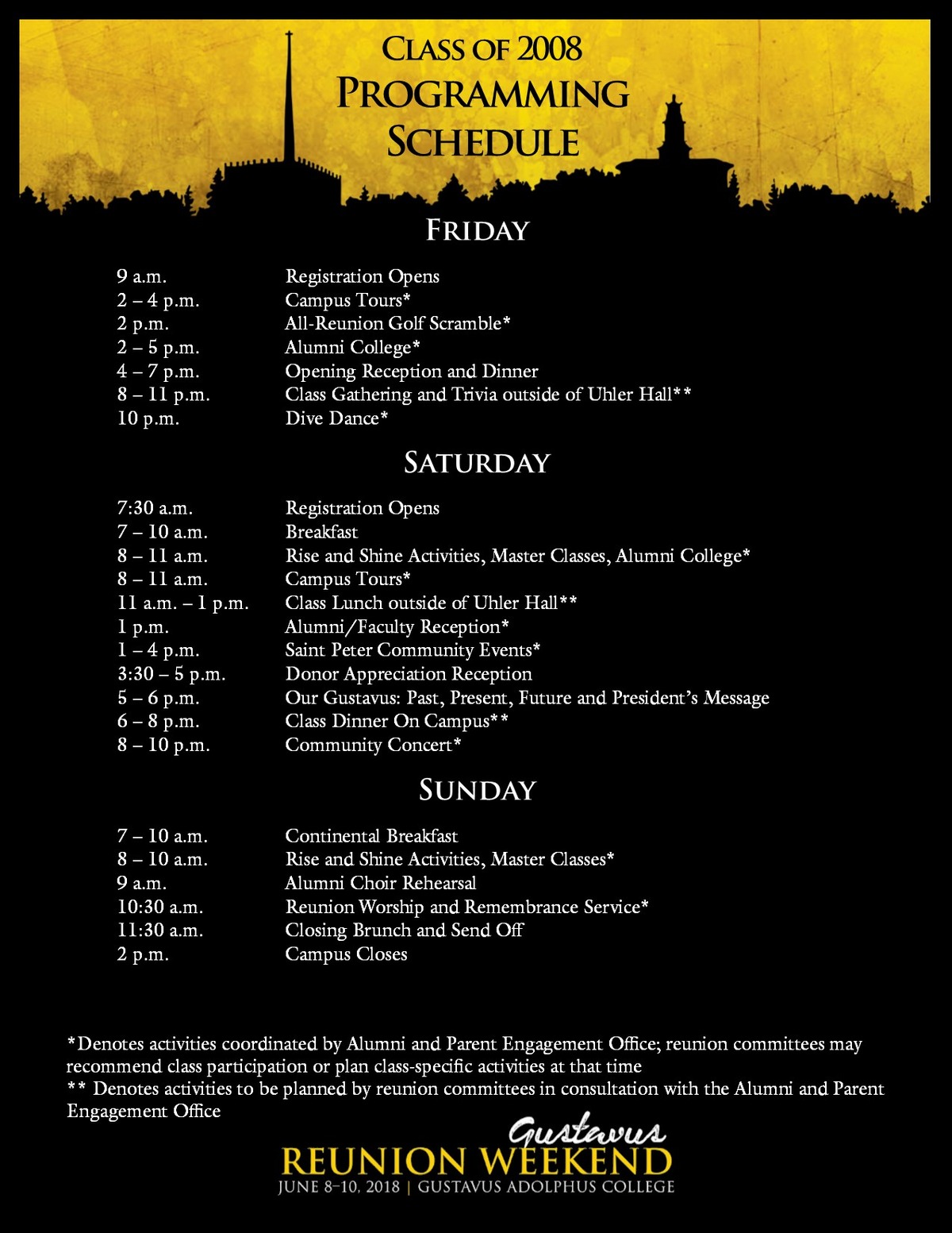 Class specific Reunion Weekend schedule