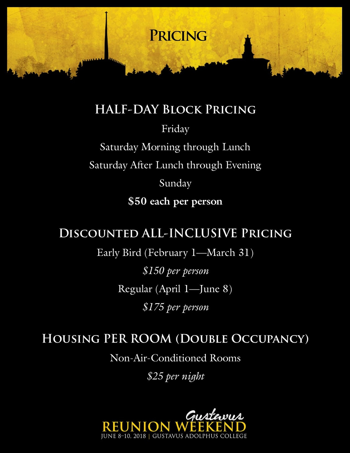 Class specific Reunion Weekend pricing information