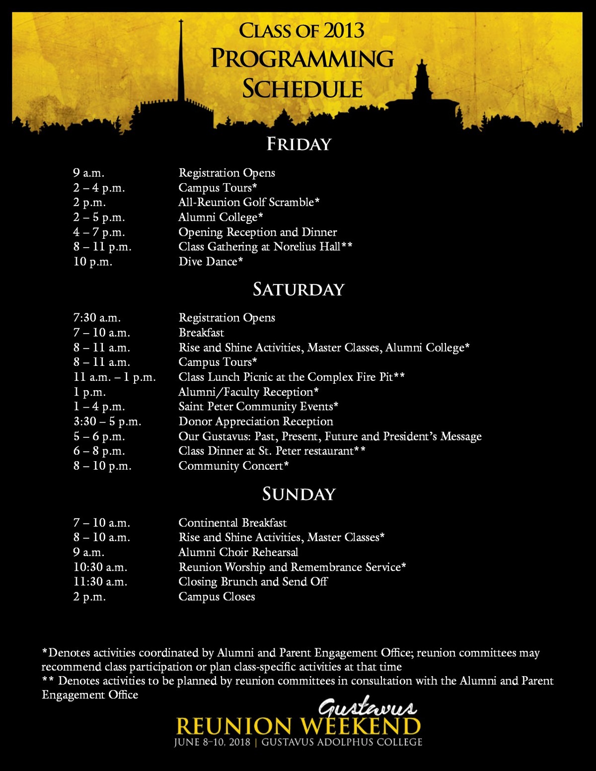 Class specific Reunion Weekend schedule