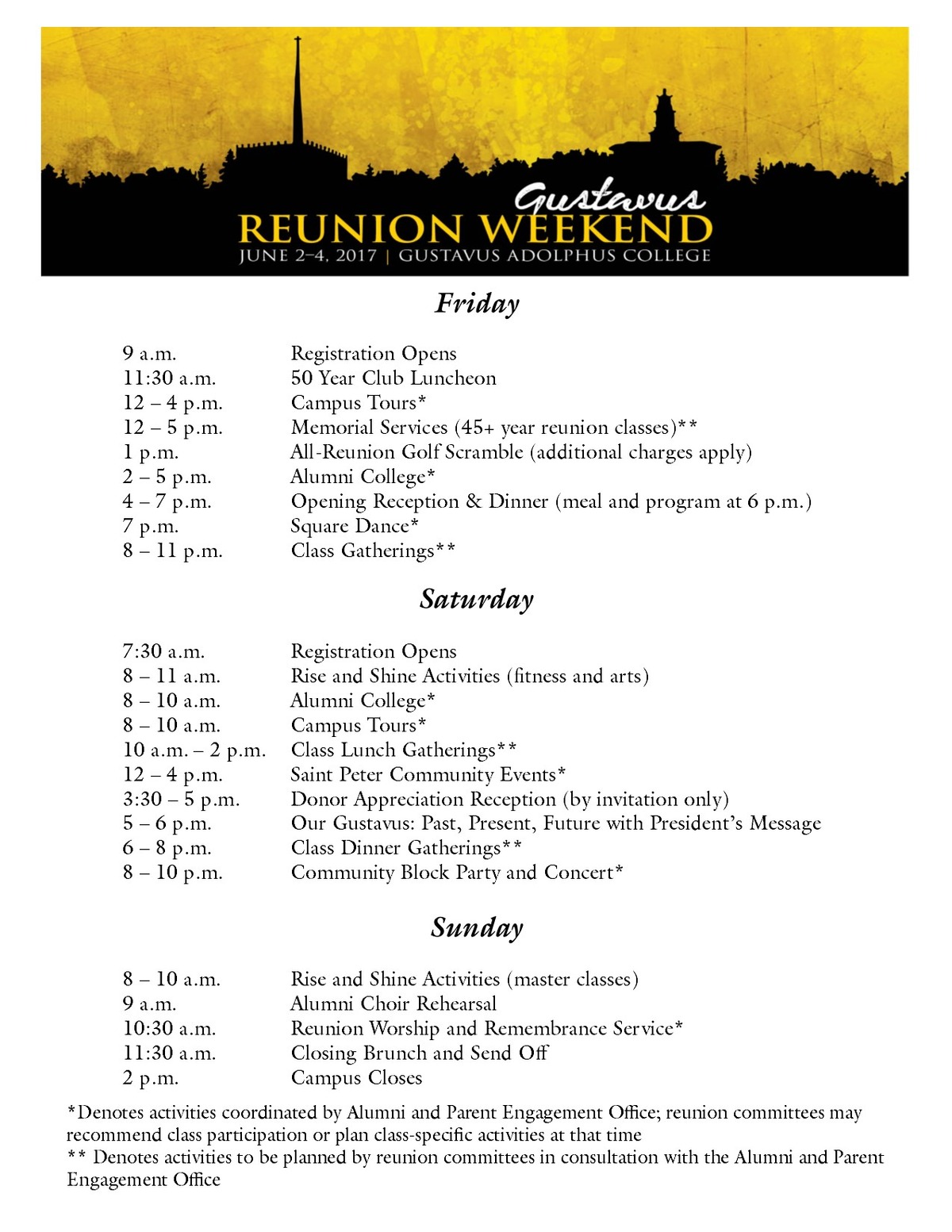 Reunion Weekend 2017 Schedule