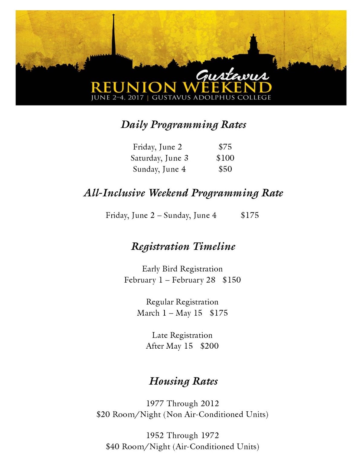 Reunion Weekend 2017 Pricing Overview