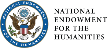 National Endowment for the Humanities Logo. Black text on white background at right. Blue ring which contains white text of the name of the organization; eagle and American flag at center of ring.