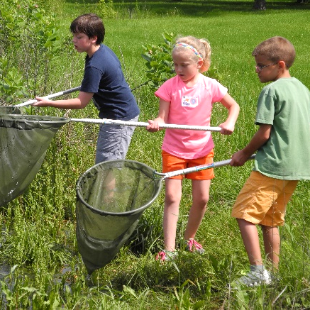 Children using nets by a pond