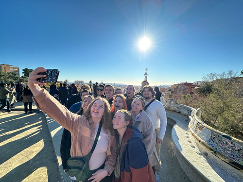 Group of Gustavus Students taking a group selfie while studying away in Barcelona, Spain.