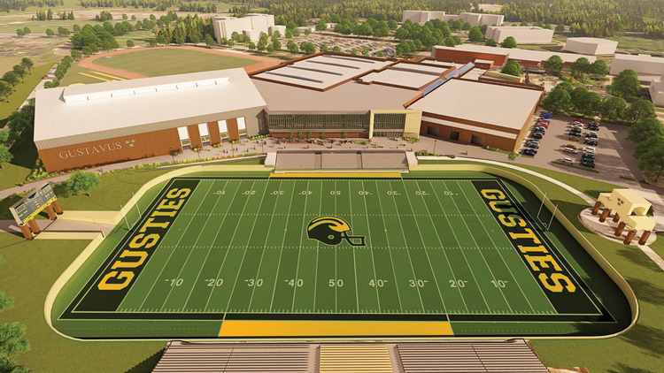 Aerial render of Lund Center expansion over Hollingsworth football field