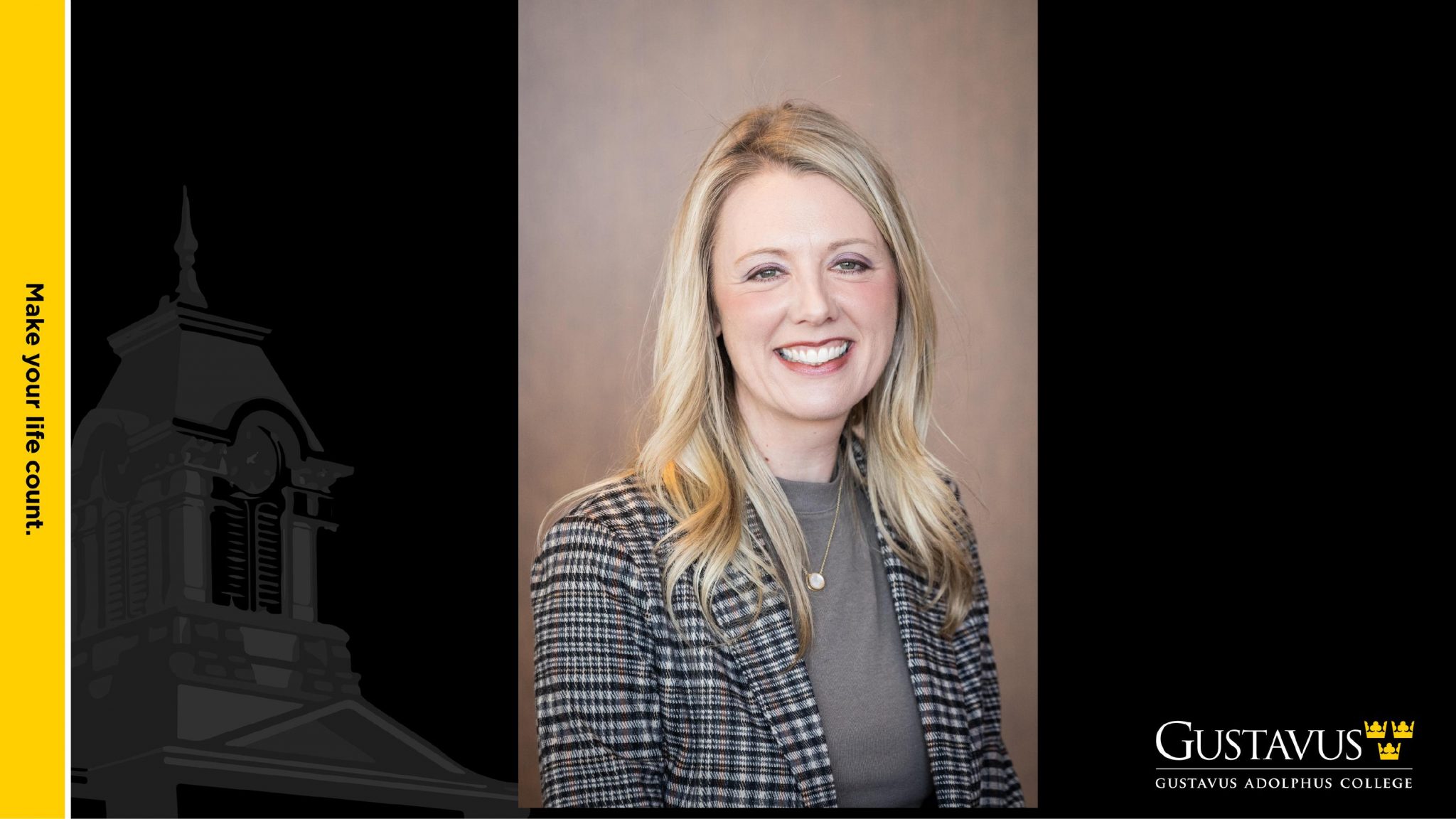 Portrait of Leah Wong, CMO, smiling with long blonde hair in a checkered blazer