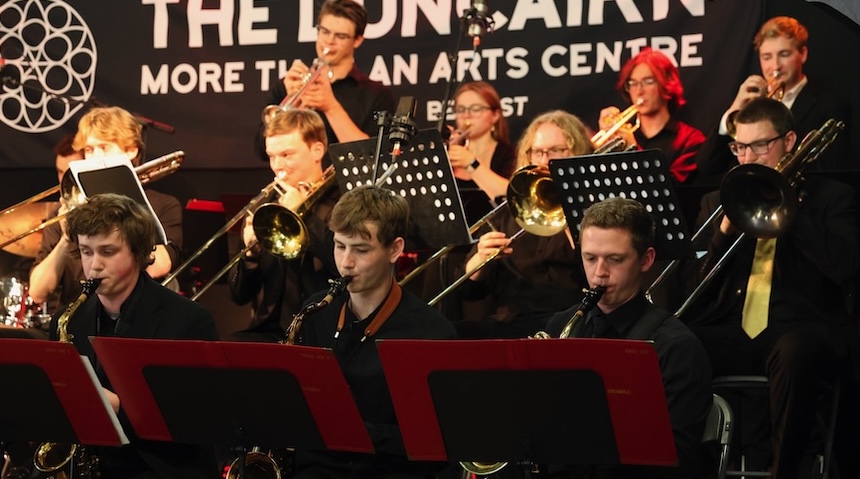 The Gustavus Jazz Ensemble performing in the Duncairn in Scotland.