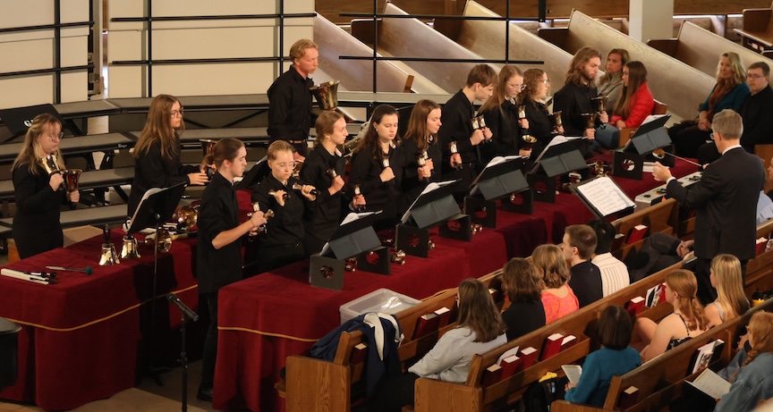 Gustavus Handbell ensemble performing in Christ Chapel.