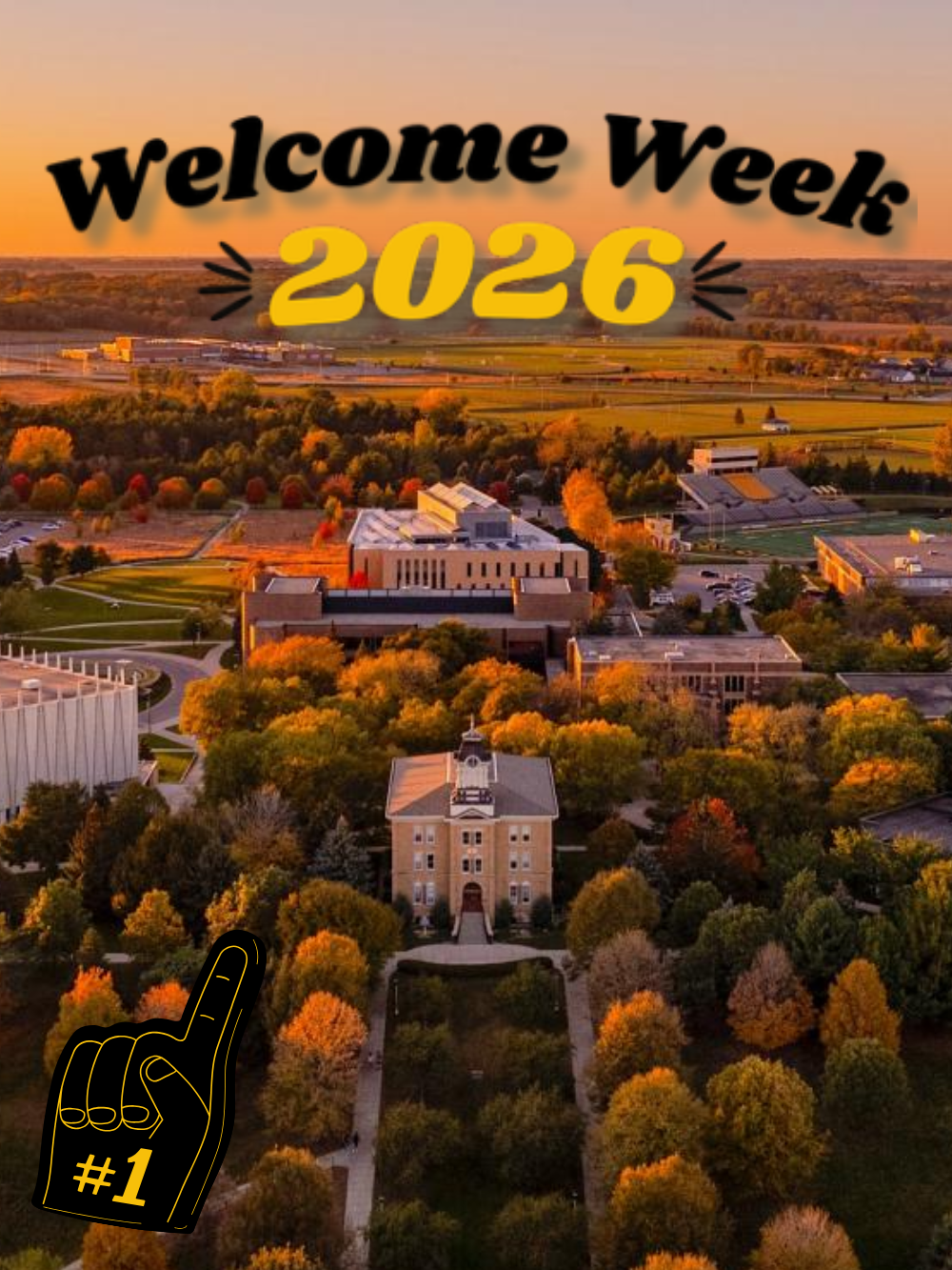 Welcome Week 2026 in writing over an aerial photo of Gustavus College