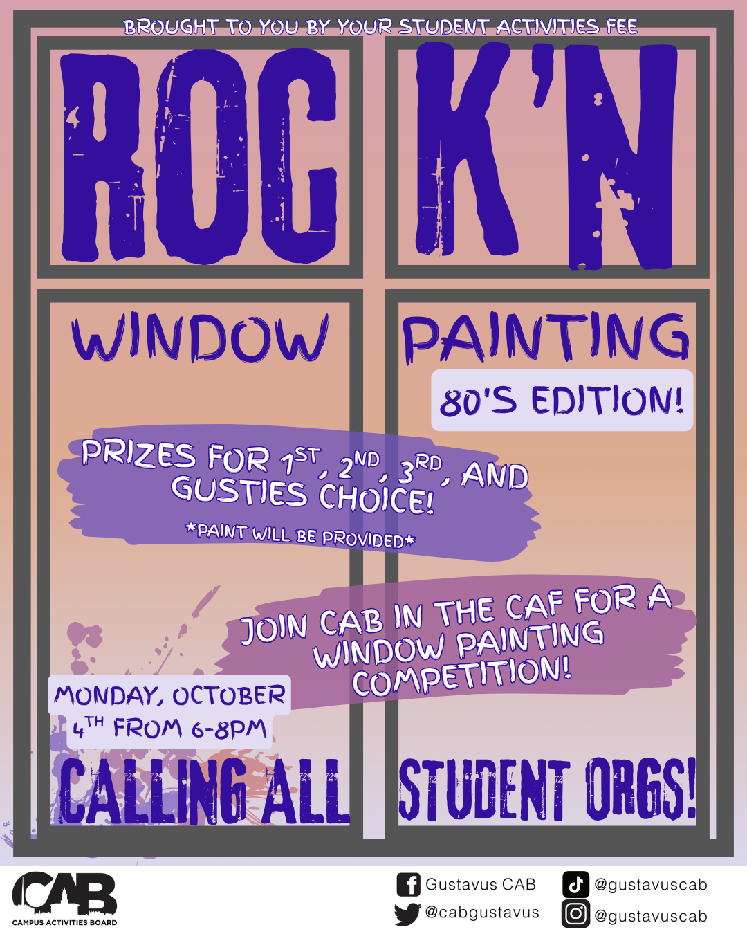 Updated 6/3: Join the GAC student orgs as they paint their way to victory in an 80s themes window painting contest! There will be a prize for first, second, third, and Gusties Choice. CAB provides paint, you provide the ideas!