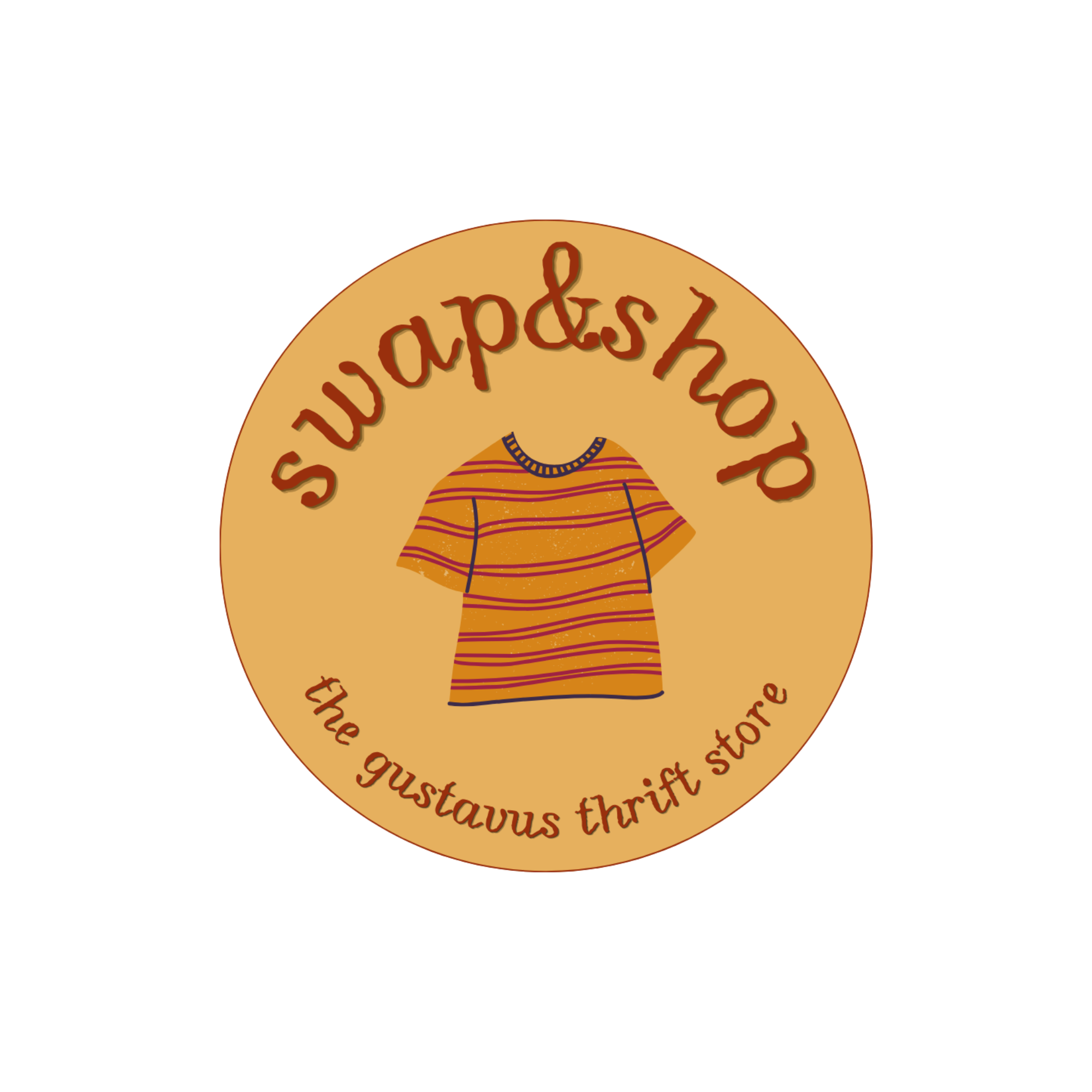 orange logo with "swap&shop", an image of a tshirt, and " the Gustavus thrift store"