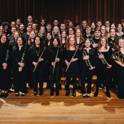 The Gustavus Wind Orchestra's 2025-2026 ensemble photo