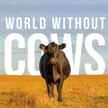 poster with text (world without cows) and cow standing in field