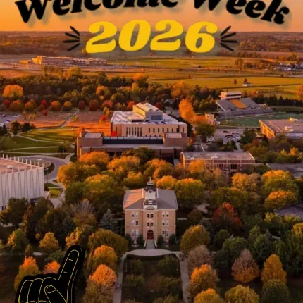 Welcome Week 2026 in writing over an aerial photo of Gustavus College