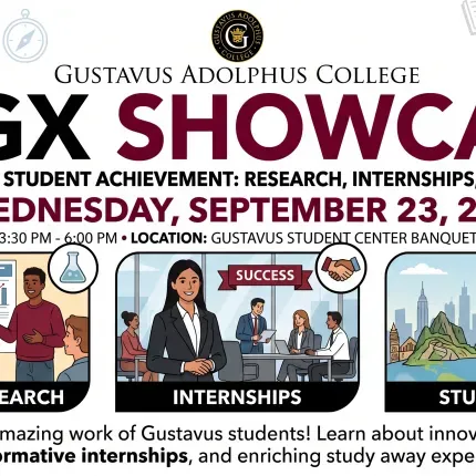 SigX Showcase on Wednesday Sept 23 from 3:30-6 pm in the Gustavus Banquet Rooms. Learn about innovative research, transformative internships, and enriching study away experiences. 