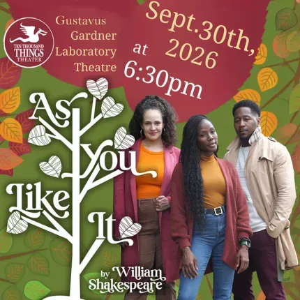 Three people standing beside a tree with As You Like It