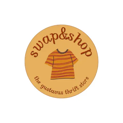 orange logo with "swap&shop", an image of a tshirt, and " the Gustavus thrift store"
