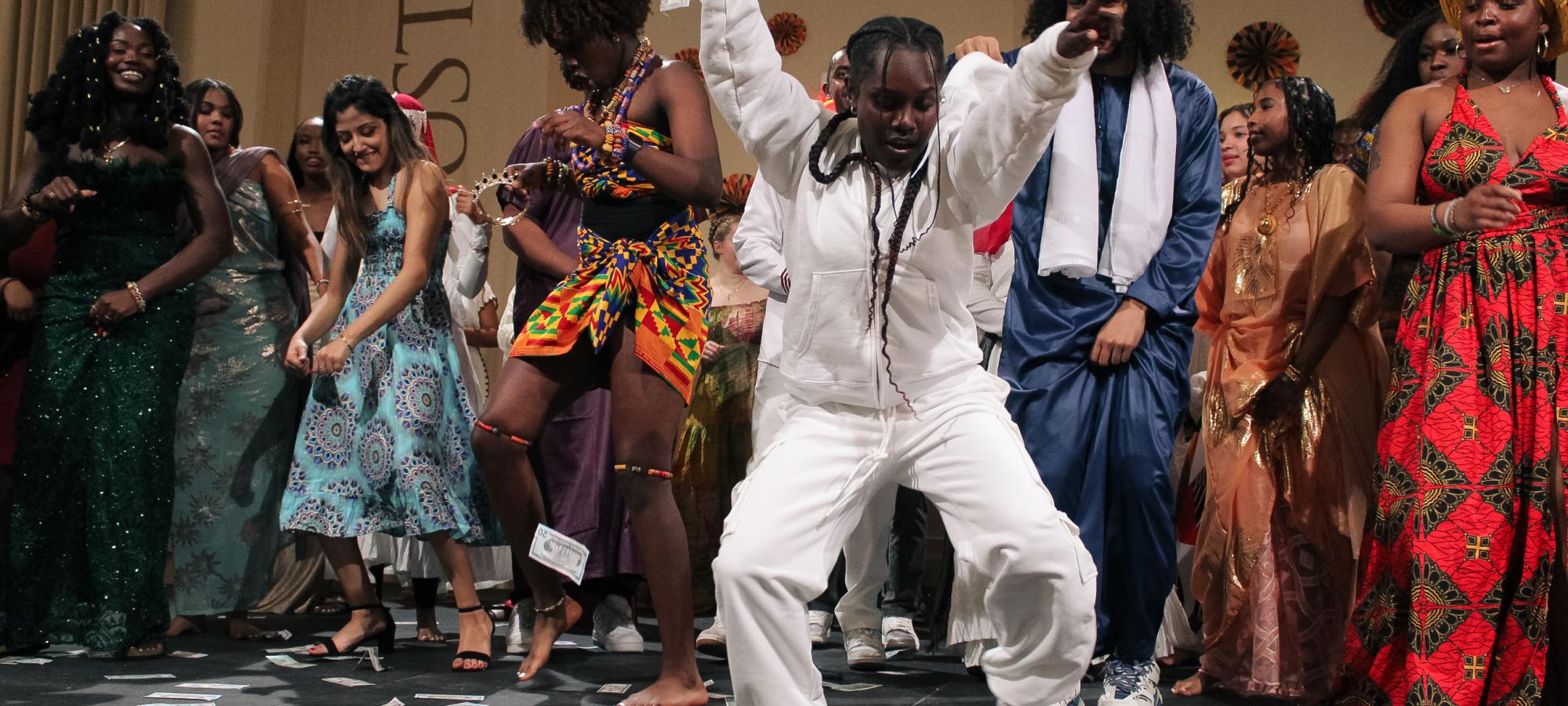 Gustavus students of the African Diaspora dance at a student event. 