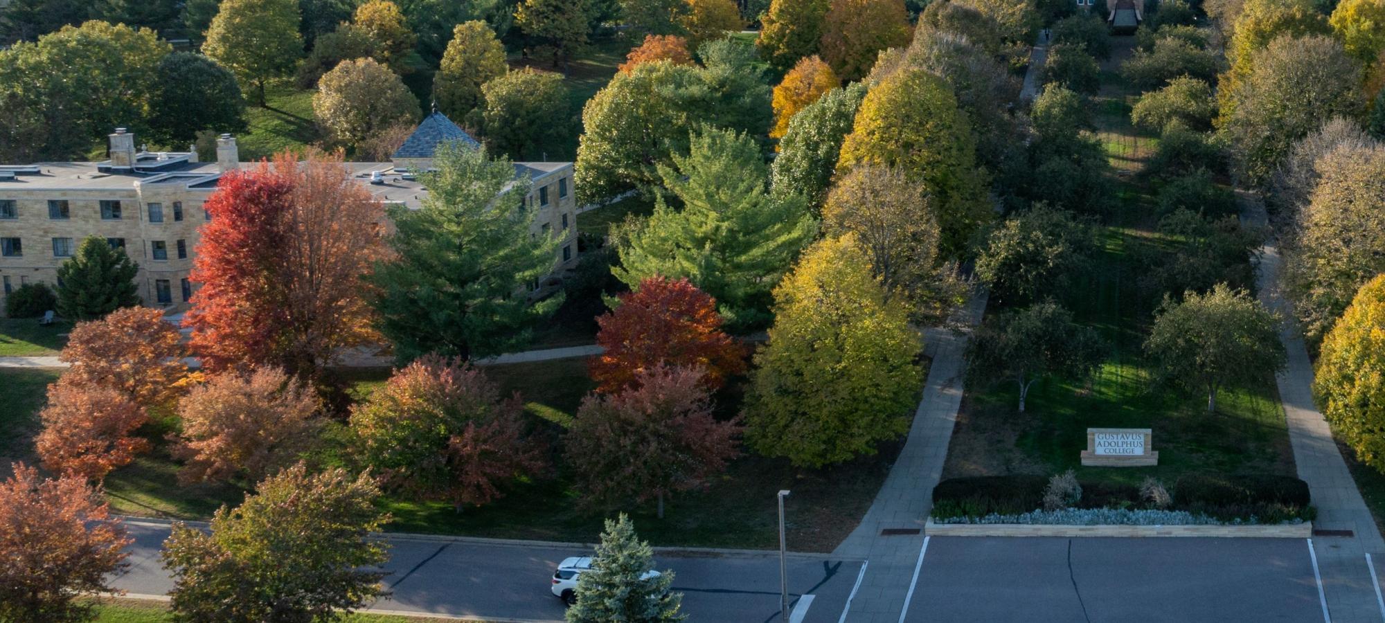 Drone Rundstrom Hall and college entrance
