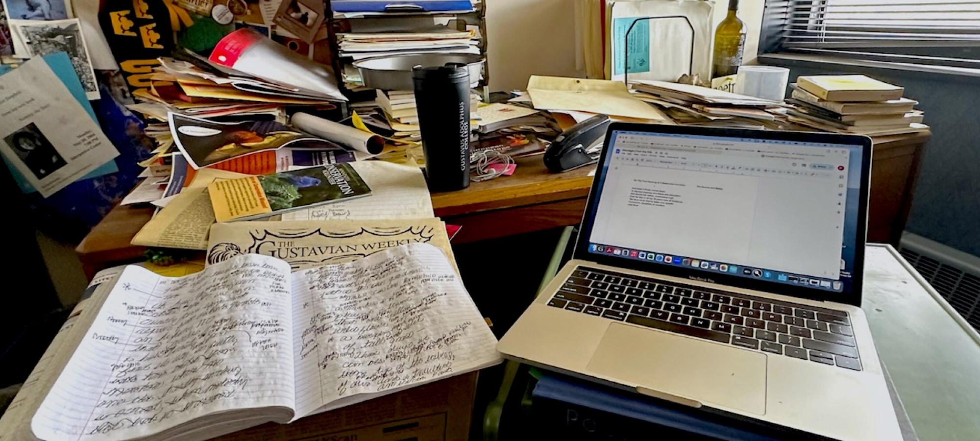 The messy desk of a Gustavus Adolphus College English professor. 