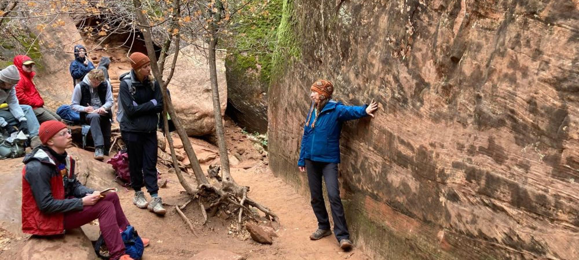Geololgy students and professor looking at rock wall