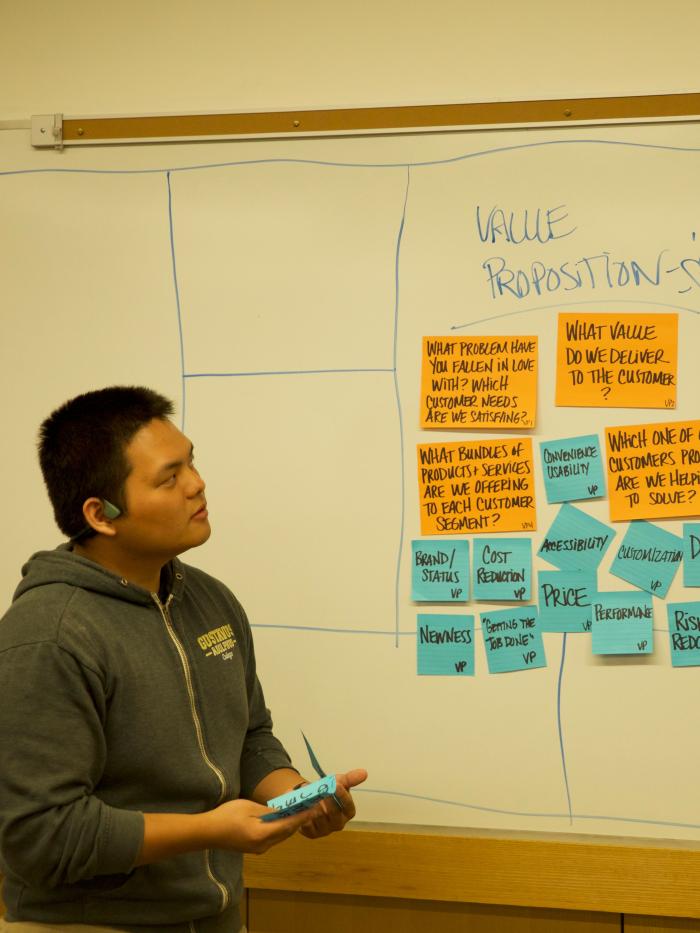 Student brainstorming ideas with post it notes