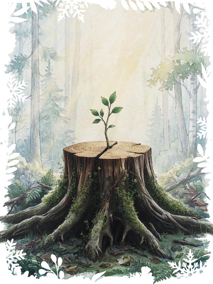 Cut tree stump growing a new branch.
